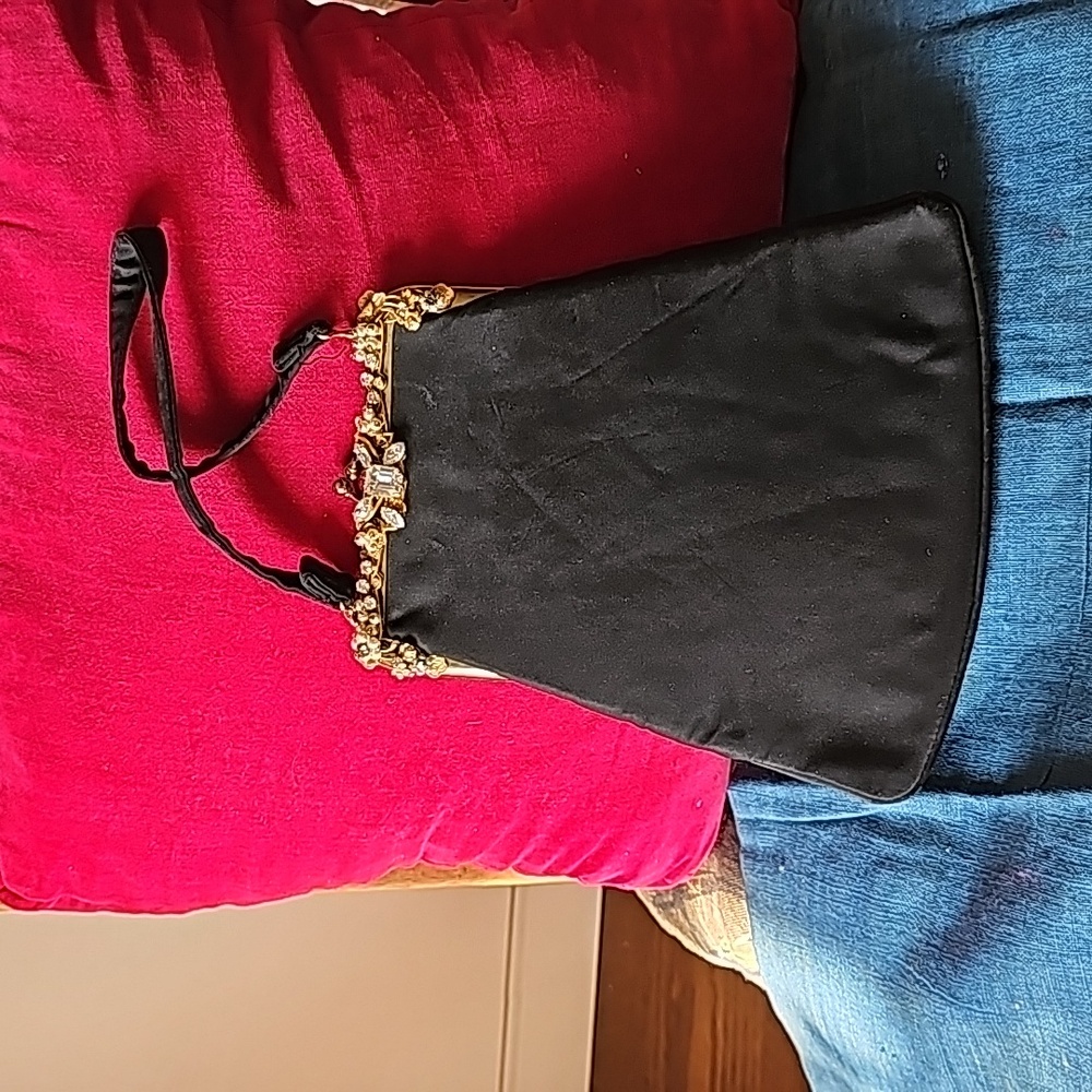 Vintage Jeweled Evening Bag / black purse with attached coin purse L